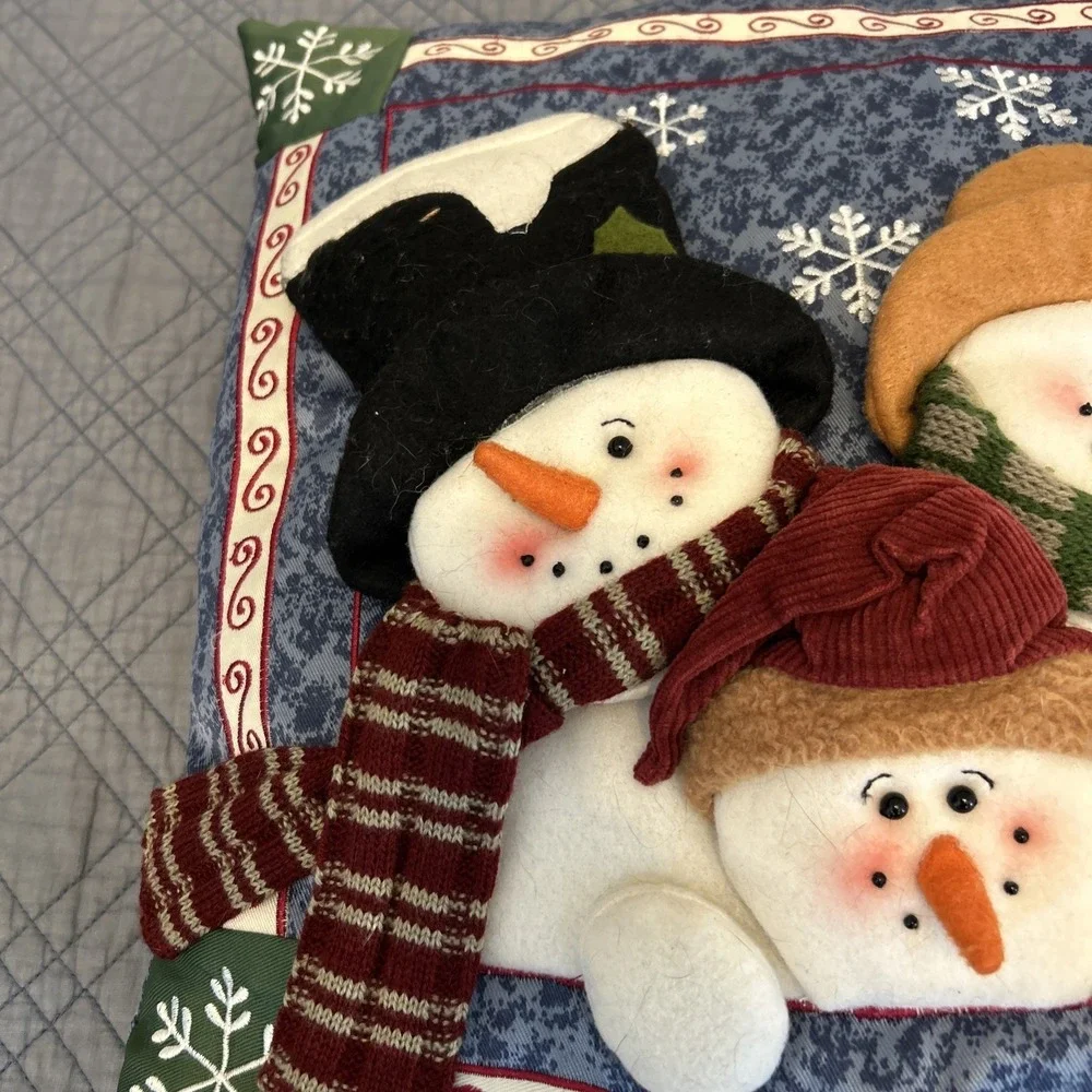Vintage 1990s St Nicholas Square Snowman Fabric Pillow 15x15 Holiday Christmas